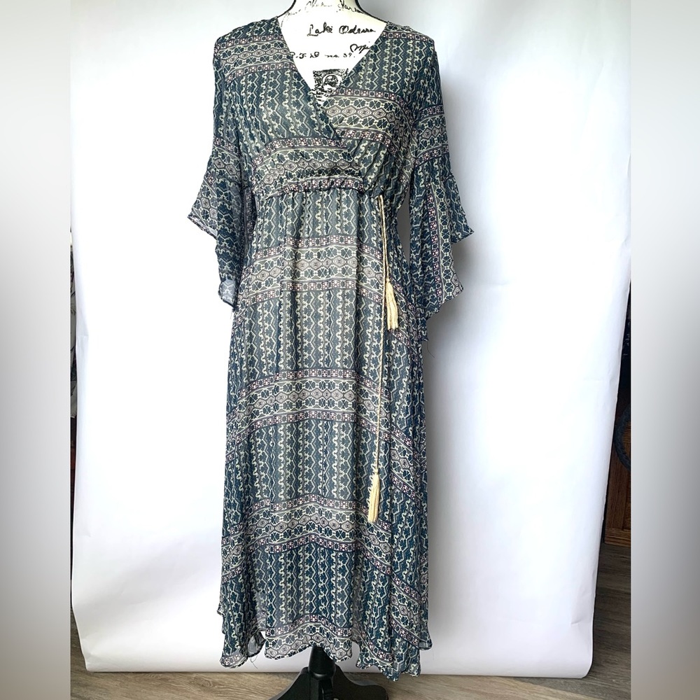 Miss Valley 3/4 Sleeve Bohemian blue/green Mixed Pattern Maxi Dress